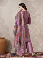 Thumbnail for Myshka Women Lavender Floral Yoke Design Sequinned A-Line Kurta Set with Dupatta - Distacart