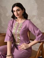 Thumbnail for Myshka Women Lavender Floral Yoke Design Sequinned A-Line Kurta Set with Dupatta - Distacart
