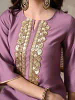 Thumbnail for Myshka Women Lavender Floral Yoke Design Sequinned A-Line Kurta Set with Dupatta - Distacart