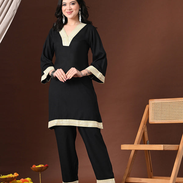 Myshka Women Black Rayon Three-Forth Sleeve Kurta with Trouser - Distacart