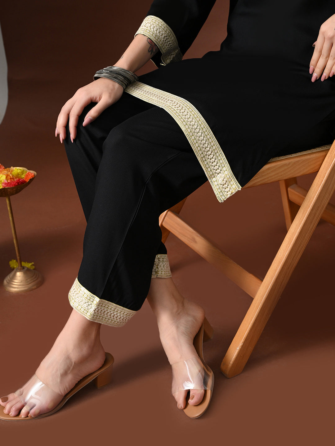 Myshka Women Black Rayon Three-Forth Sleeve Kurta with Trouser - Distacart