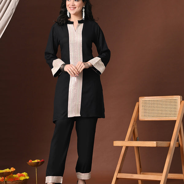 Myshka Women Black Rayon Three-Forth Sleeve Kurta with Trouser - Distacart