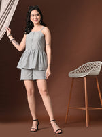 Thumbnail for Myshka Women Cotton Striped Shoulder Sleeve Peplum Top with Shorts - Distacart