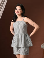 Thumbnail for Myshka Women Cotton Striped Shoulder Sleeve Peplum Top with Shorts - Distacart