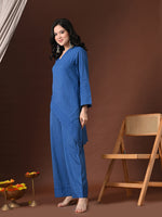 Thumbnail for Myshka Women Blue Pure Cotton Asymmetrical Three-Forth Sleeve Kurta with Trouser - Distacart