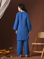 Thumbnail for Myshka Women Blue Pure Cotton Asymmetrical Three-Forth Sleeve Kurta with Trouser - Distacart