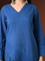 Thumbnail for Myshka Women Blue Pure Cotton Asymmetrical Three-Forth Sleeve Kurta with Trouser - Distacart