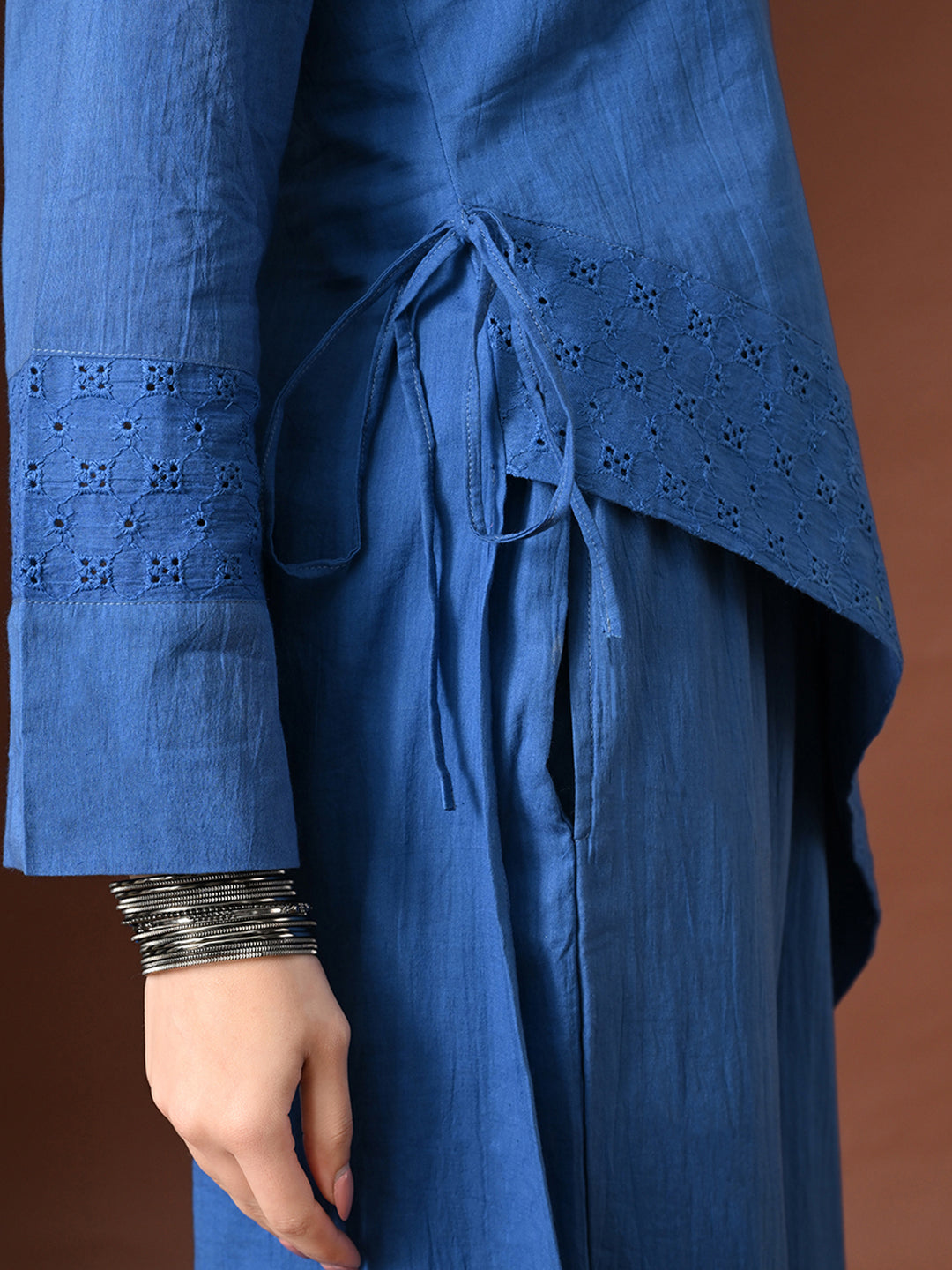Myshka Women Blue Pure Cotton Asymmetrical Three-Forth Sleeve Kurta with Trouser - Distacart