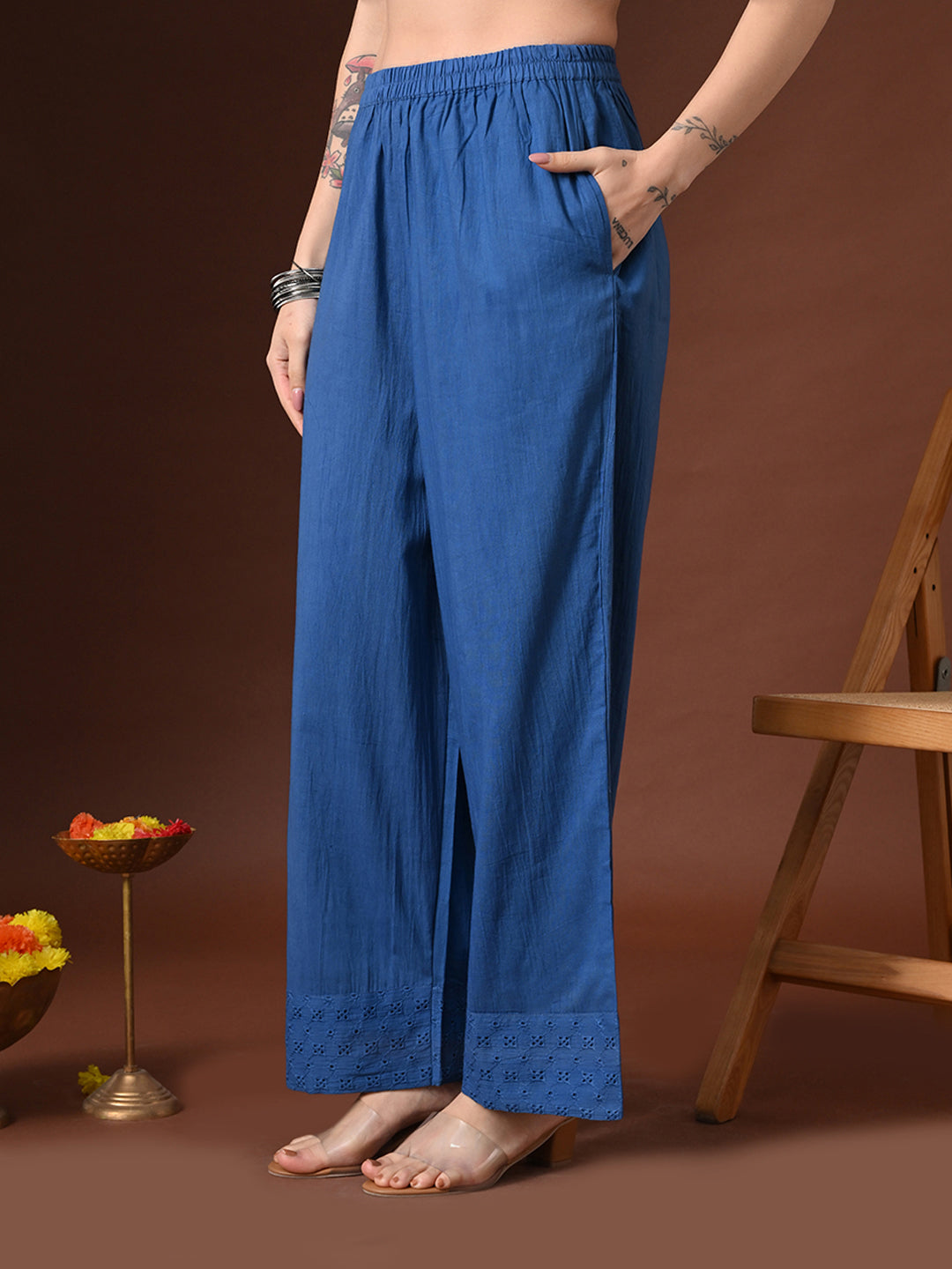 Myshka Women Blue Pure Cotton Asymmetrical Three-Forth Sleeve Kurta with Trouser - Distacart