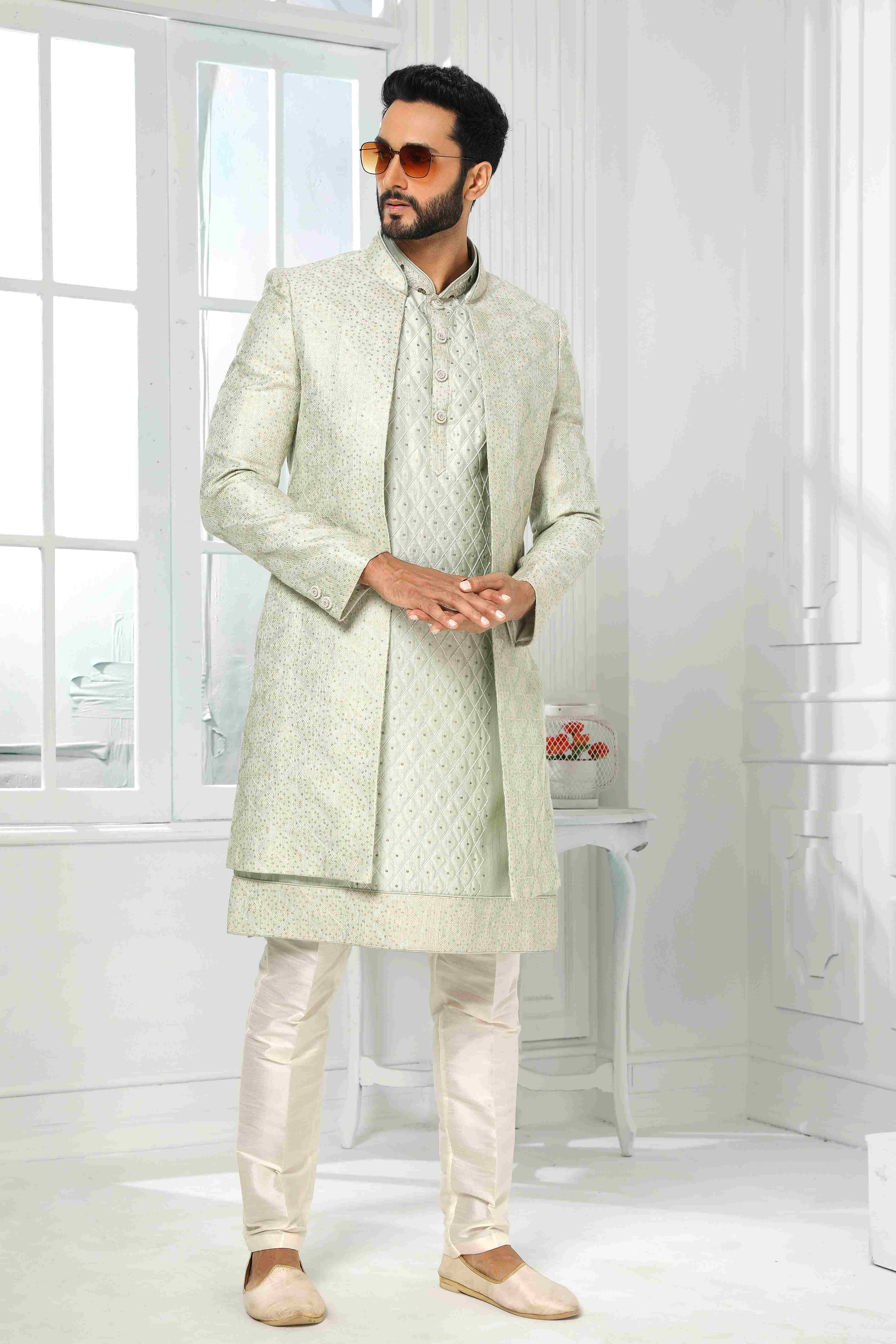 Raivat Ethnic Art Silk Embroidery Work 3 Pcs Indo Jacket Set In Pista Green Colour