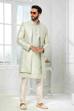 Thumbnail for Raivat Ethnic Art Silk Embroidery Work 3 Pcs Indo Jacket Set In Pista Green Colour