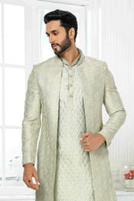 Thumbnail for Raivat Ethnic Art Silk Embroidery Work 3 Pcs Indo Jacket Set In Pista Green Colour