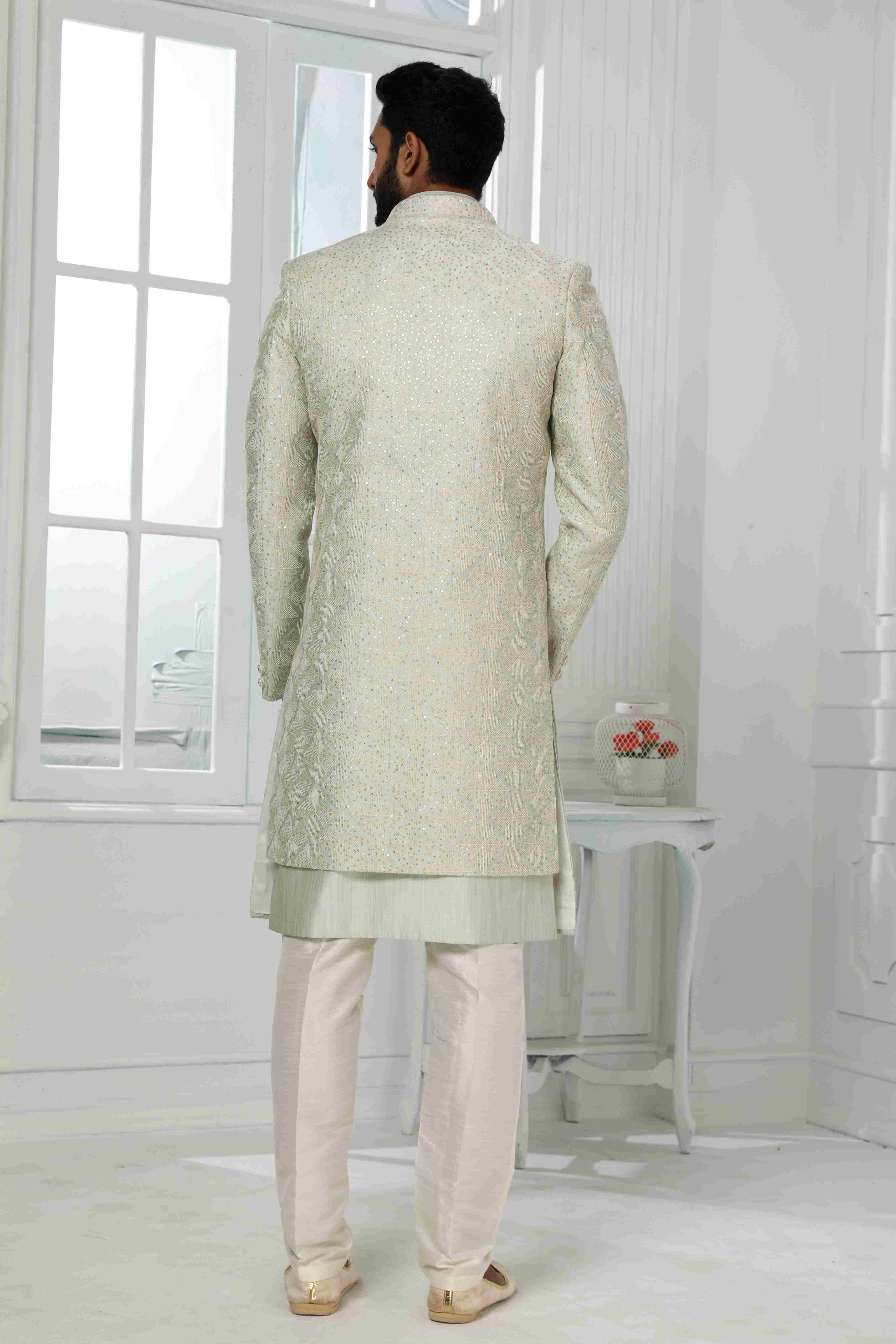 Raivat Ethnic Art Silk Embroidery Work 3 Pcs Indo Jacket Set In Pista Green Colour