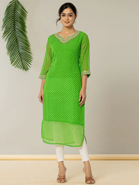 Yufta Dark Green Georgette Lehriya Embroidery Kurta