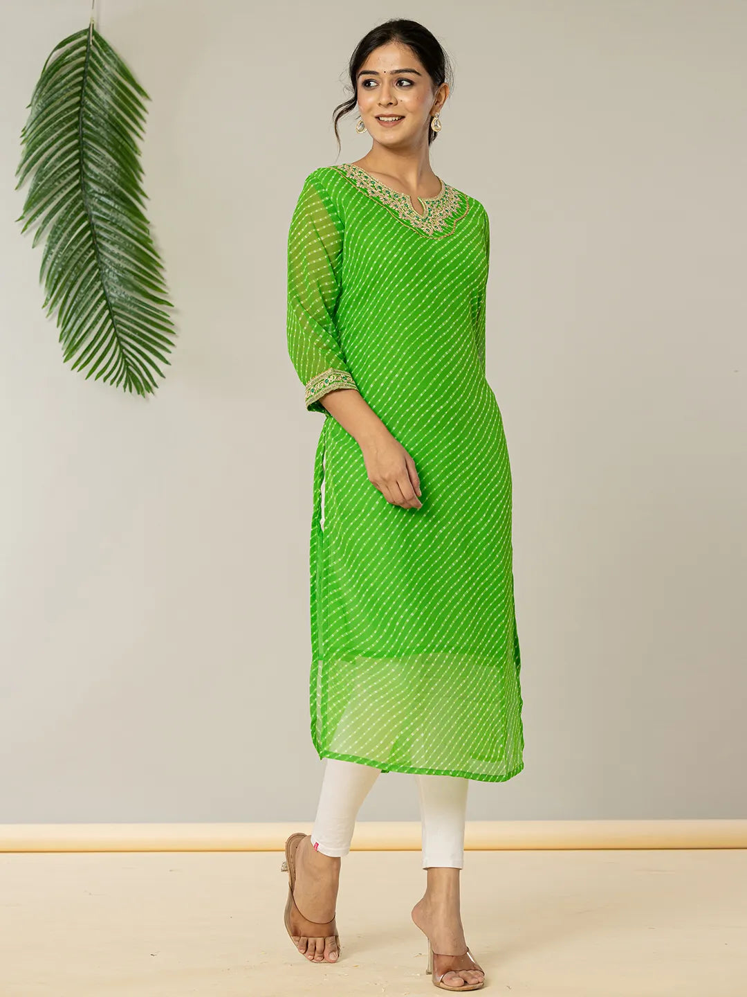 Yufta Dark Green Georgette Lehriya Embroidery Kurta - Distacart