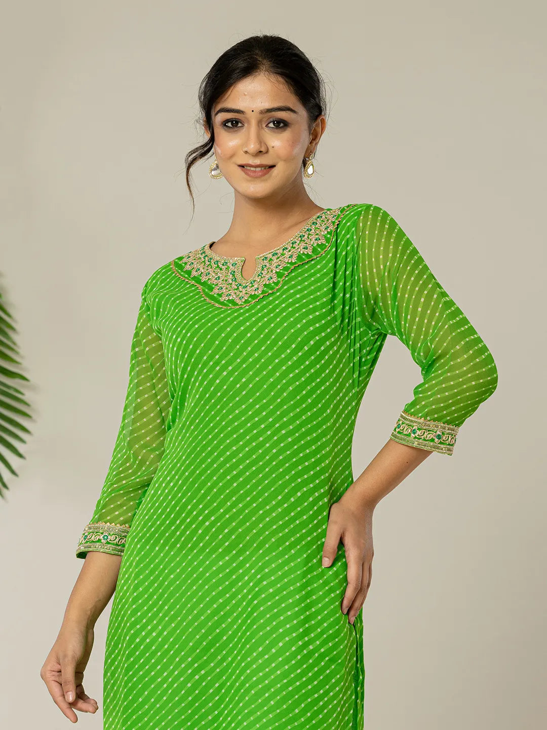 Yufta Dark Green Georgette Lehriya Embroidery Kurta - Distacart