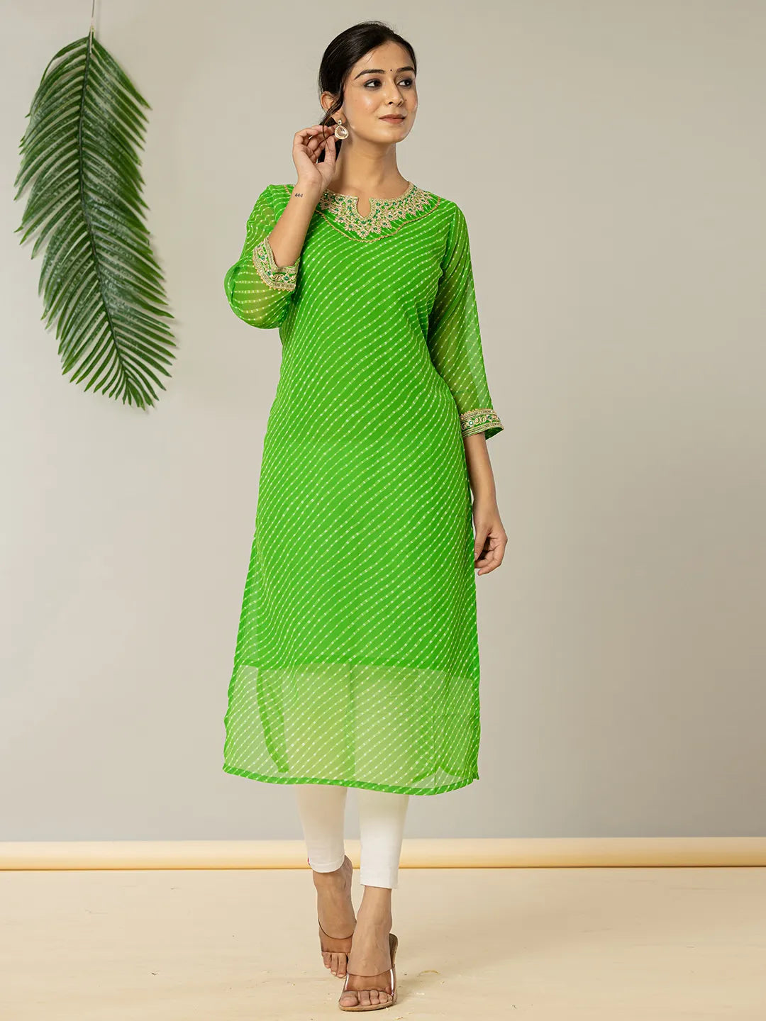 Yufta Dark Green Georgette Lehriya Embroidery Kurta - Distacart