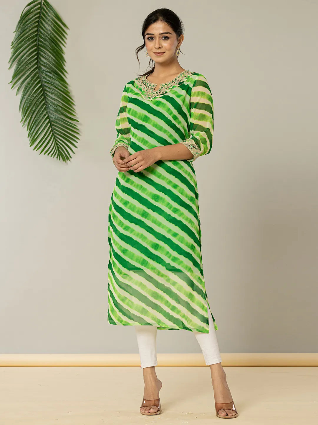 Yufta Green Georgette Lehriya Embroidery Kurta - Distacart