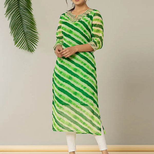 Yufta Green Georgette Lehriya Embroidery Kurta - Distacart