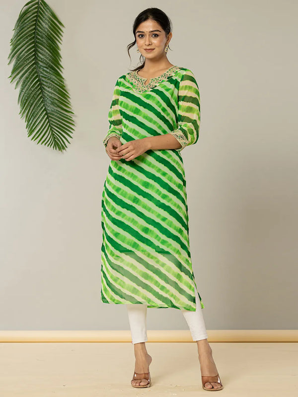 Yufta Green Georgette Lehriya Embroidery Kurta