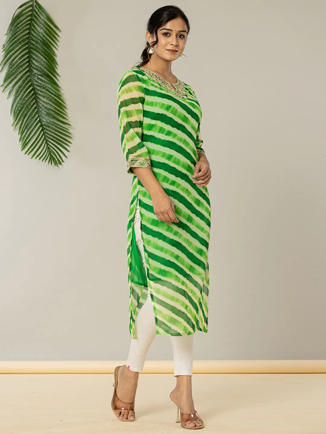 Yufta Green Georgette Lehriya Embroidery Kurta - Distacart