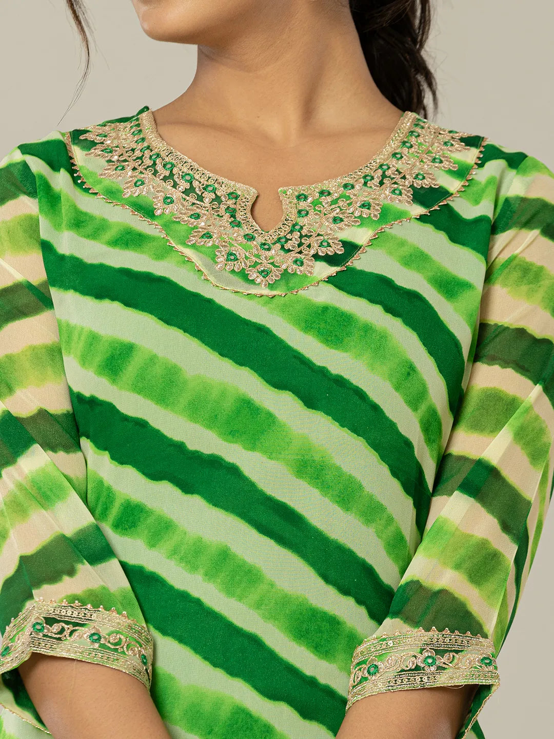Yufta Green Georgette Lehriya Embroidery Kurta