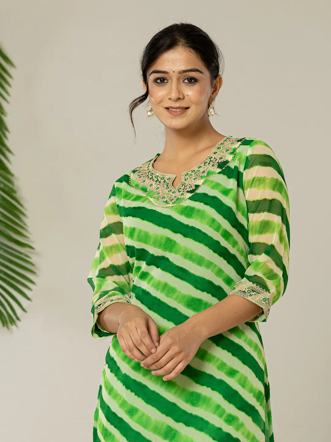 Yufta Green Georgette Lehriya Embroidery Kurta - Distacart