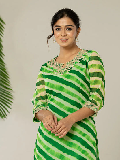 Yufta Green Georgette Lehriya Embroidery Kurta - Distacart