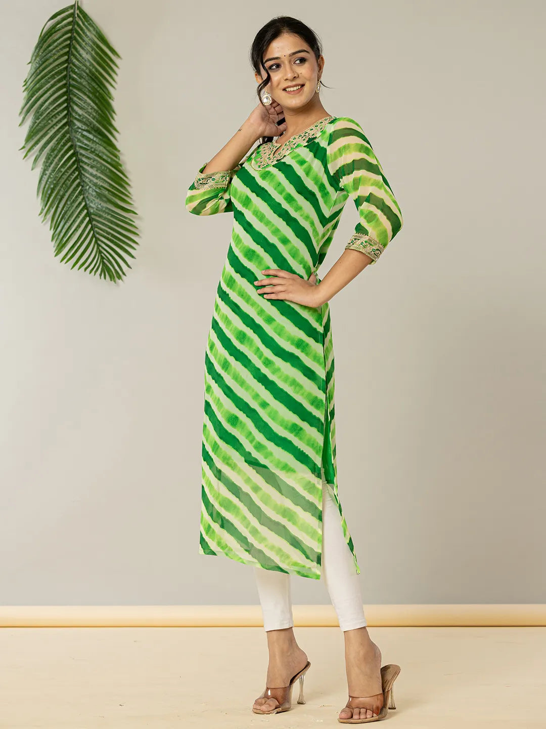 Yufta Green Georgette Lehriya Embroidery Kurta - Distacart