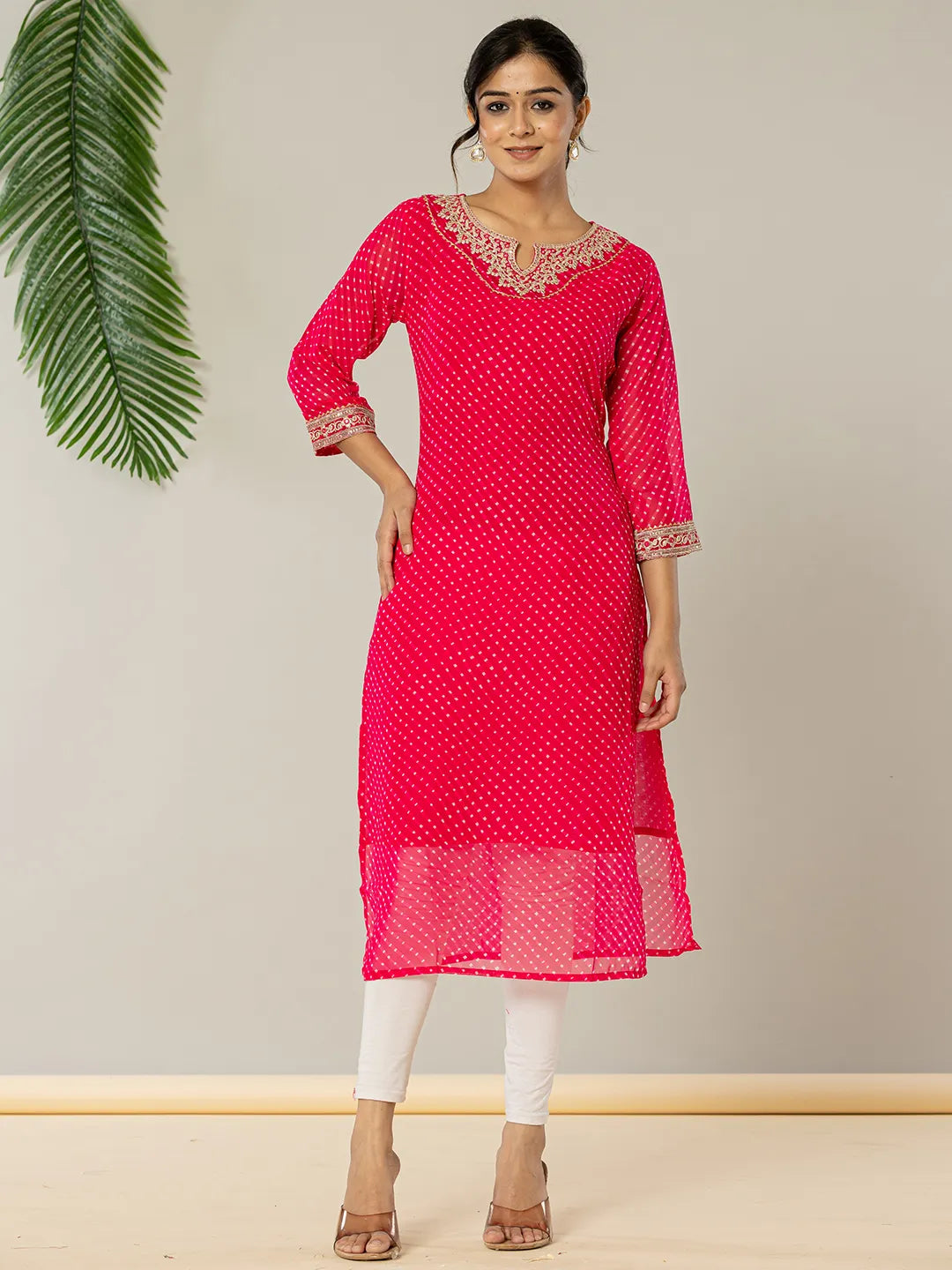 Yufta Hot Pink Georgette Lehriya Embroidery Kurta - Distacart