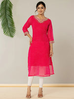 Thumbnail for Yufta Hot Pink Georgette Lehriya Embroidery Kurta