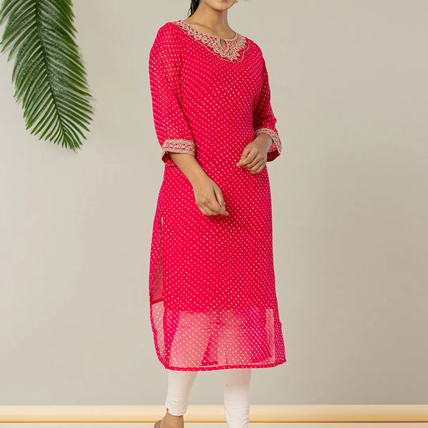 Yufta Hot Pink Georgette Lehriya Embroidery Kurta - Distacart