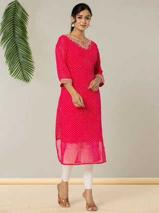 Yufta Hot Pink Georgette Lehriya Embroidery Kurta - Distacart