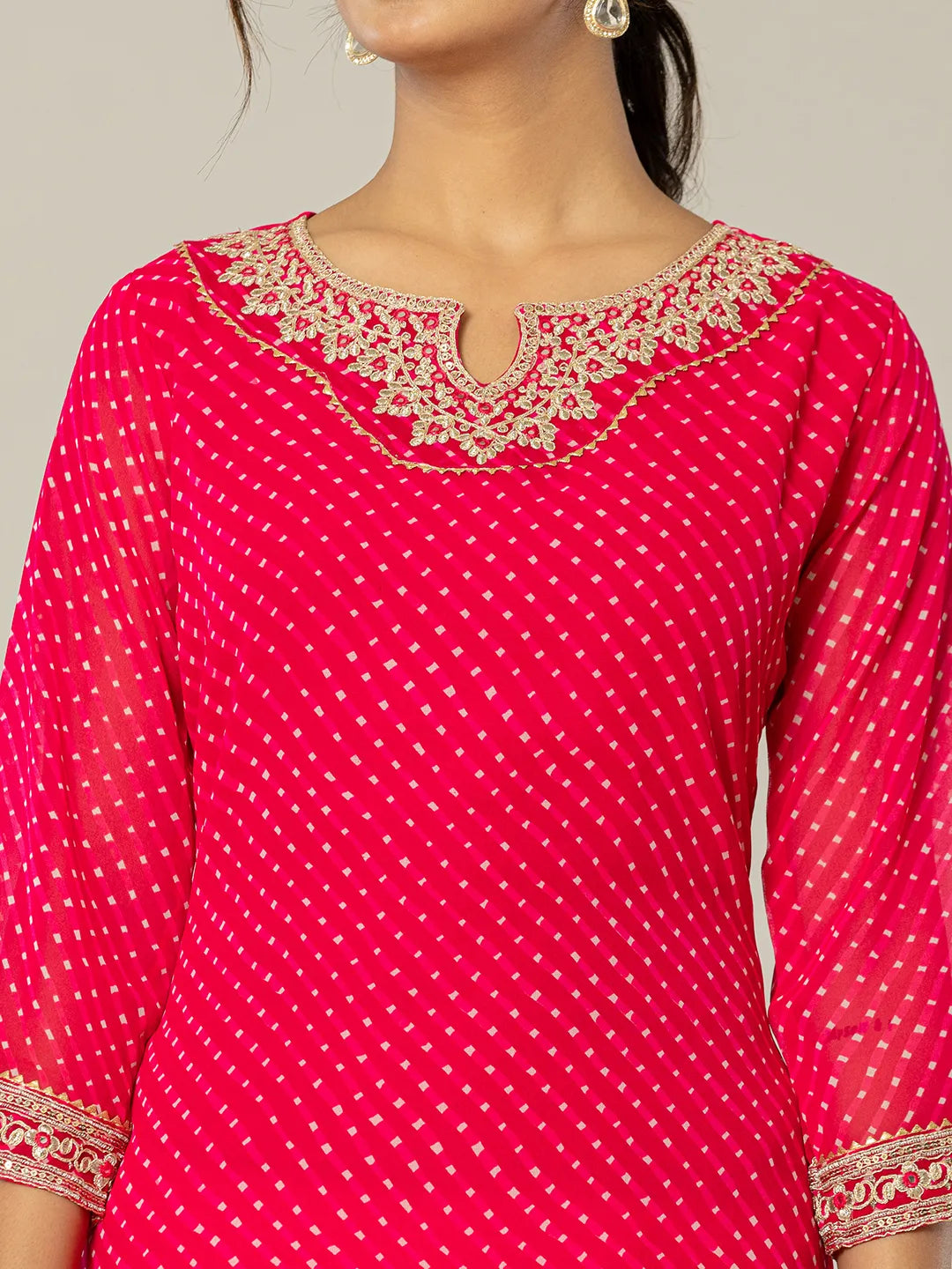Yufta Hot Pink Georgette Lehriya Embroidery Kurta