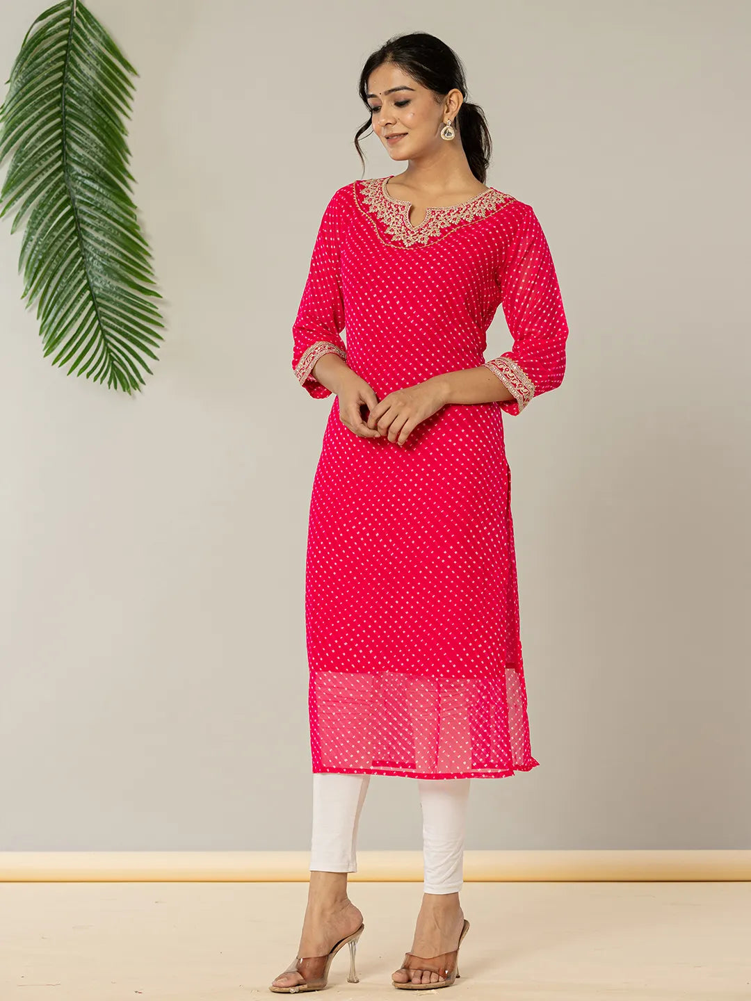 Yufta Hot Pink Georgette Lehriya Embroidery Kurta