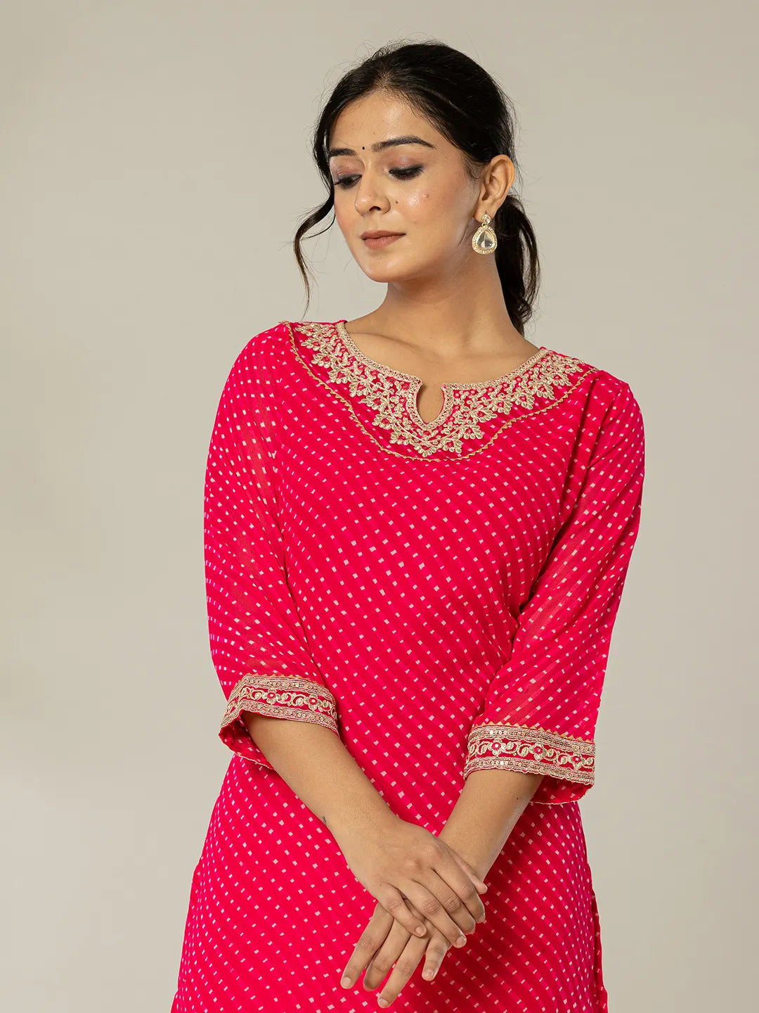 Yufta Hot Pink Georgette Lehriya Embroidery Kurta