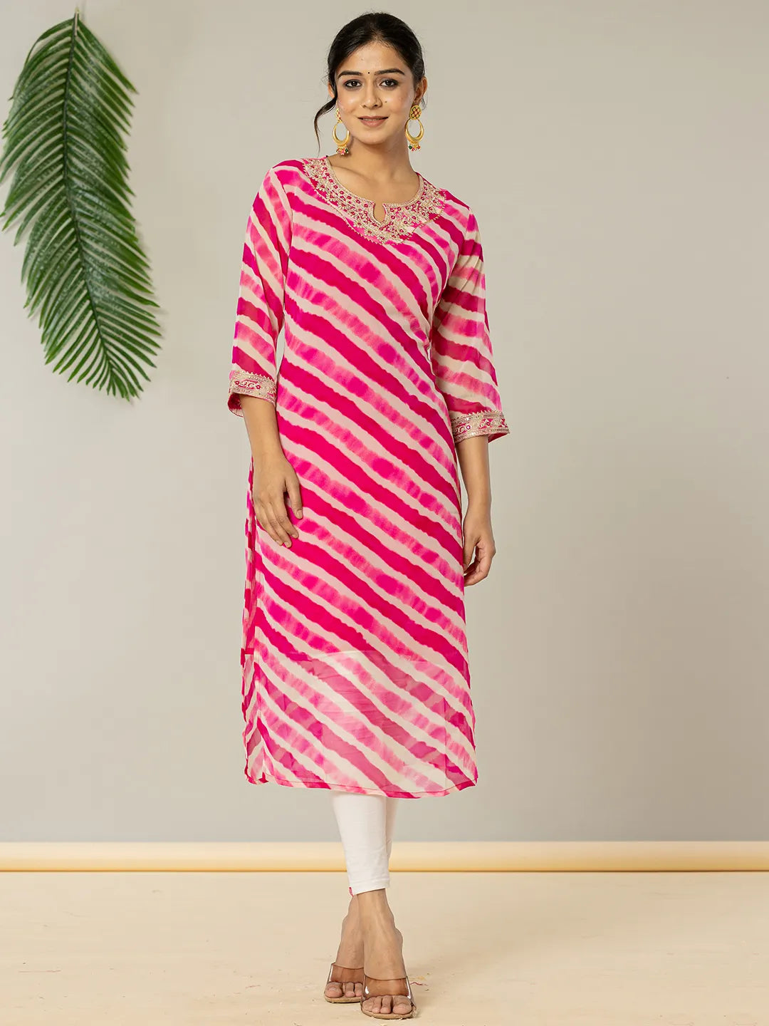 Yufta Pink Georgette Lehriya Embroidery Kurta - Distacart