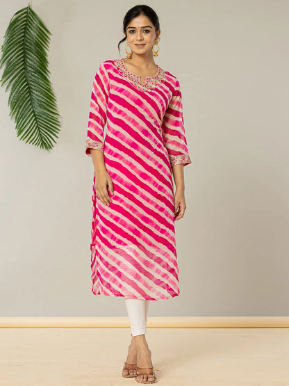 Yufta Pink Georgette Lehriya Embroidery Kurta - Distacart