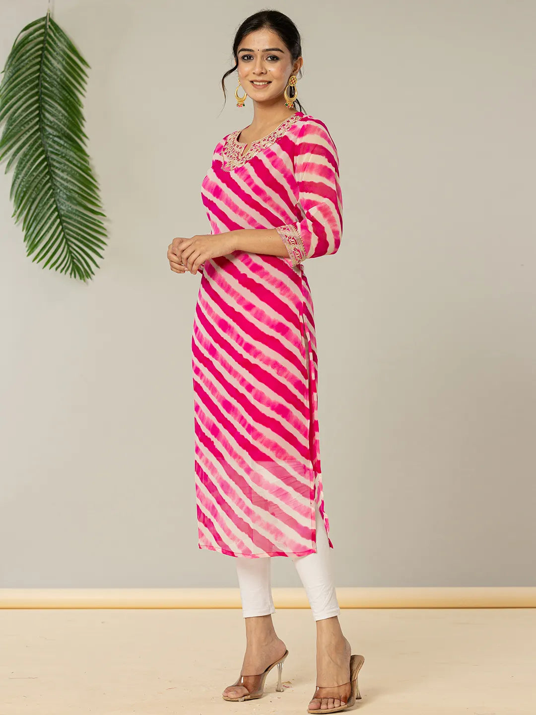 Yufta Pink Georgette Lehriya Embroidery Kurta - Distacart
