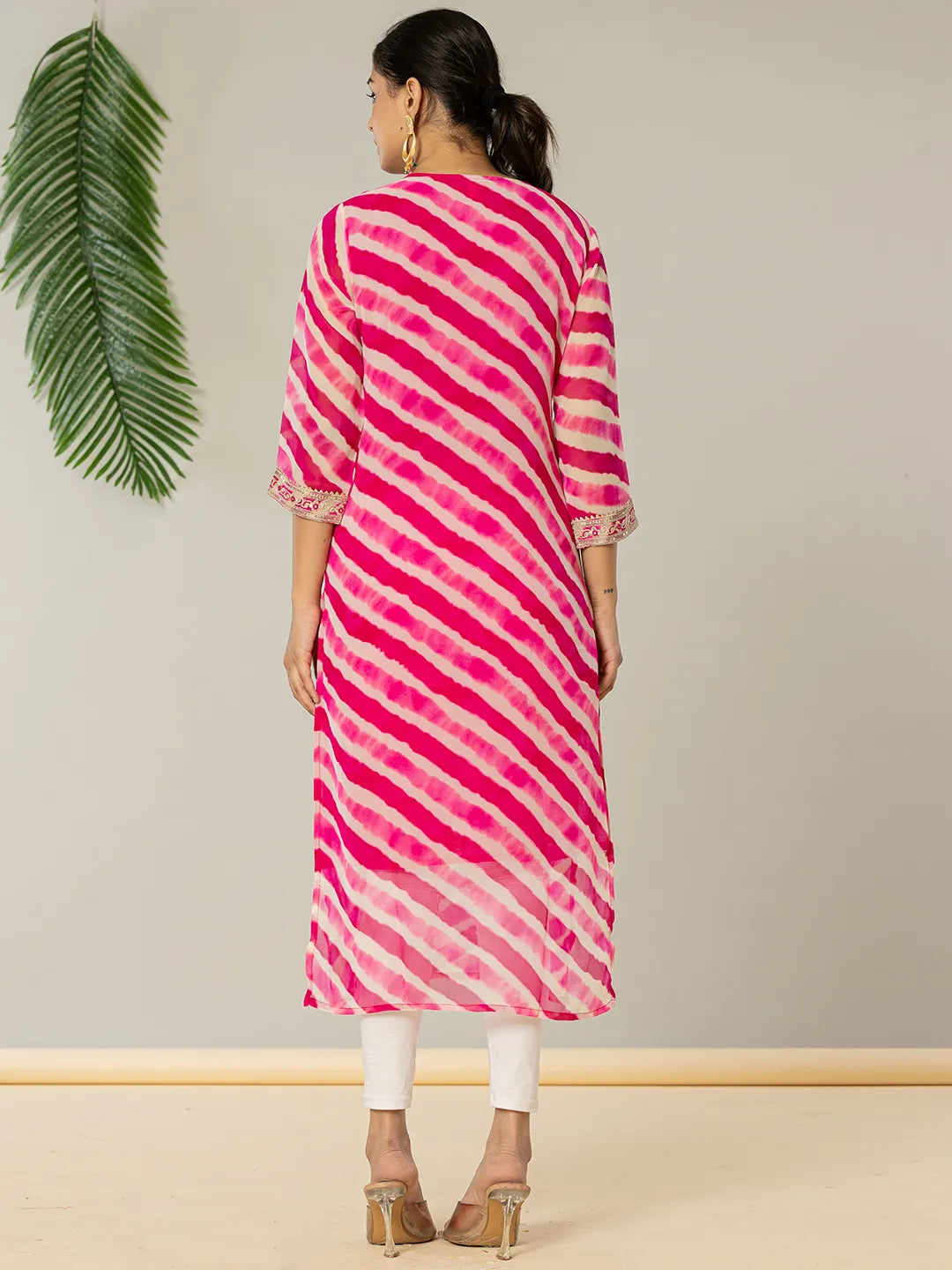 Yufta Pink Georgette Lehriya Embroidery Kurta - Distacart