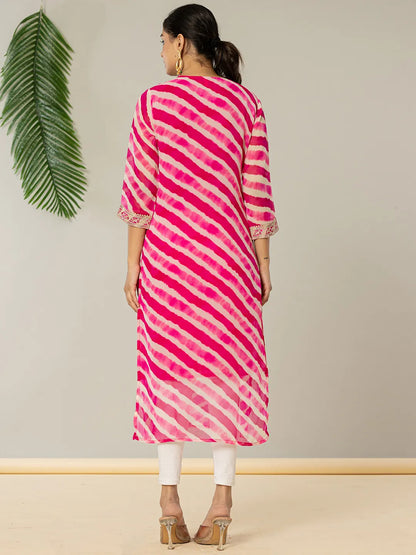 Yufta Pink Georgette Lehriya Embroidery Kurta - Distacart