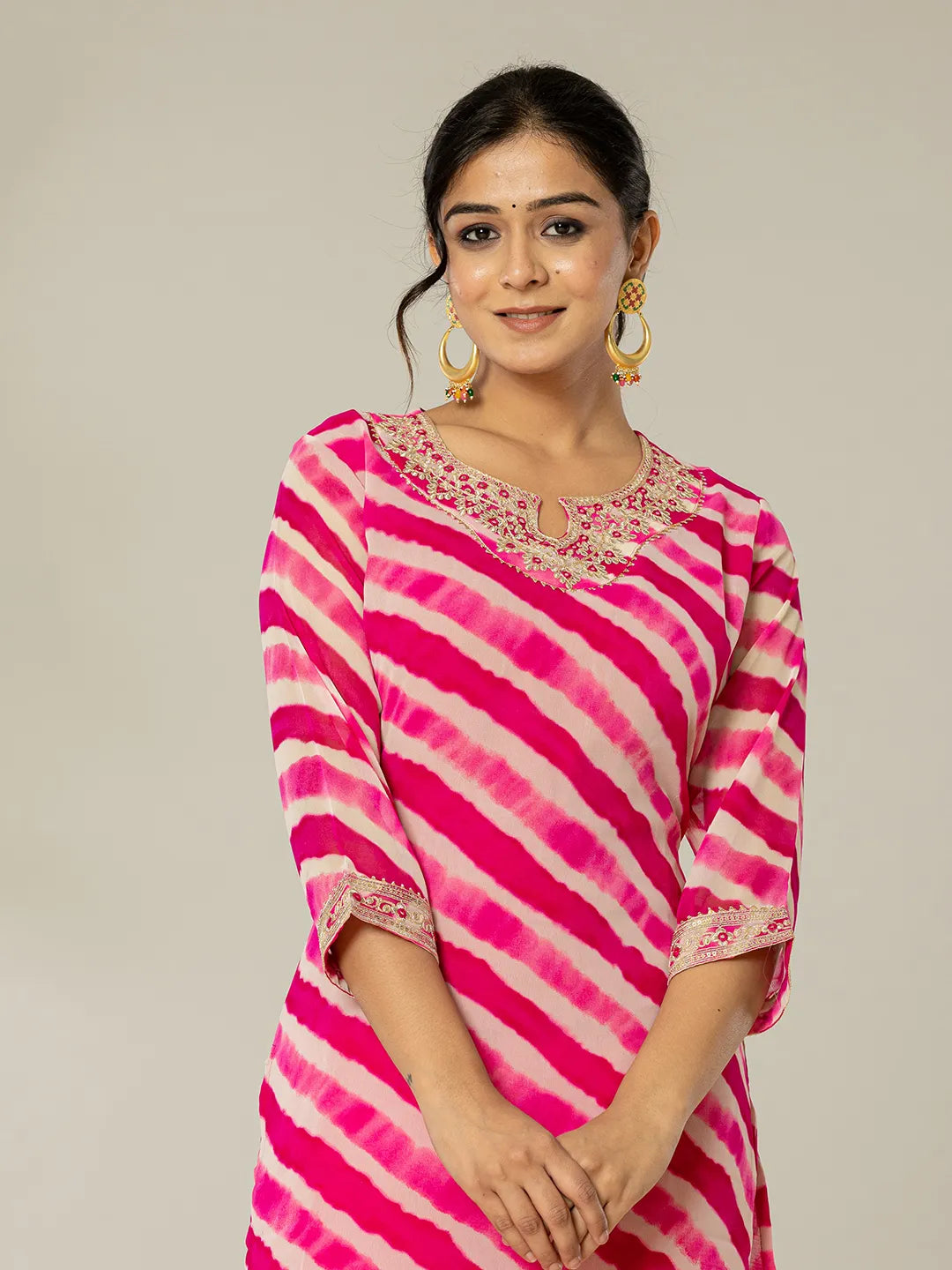 Yufta Pink Georgette Lehriya Embroidery Kurta - Distacart