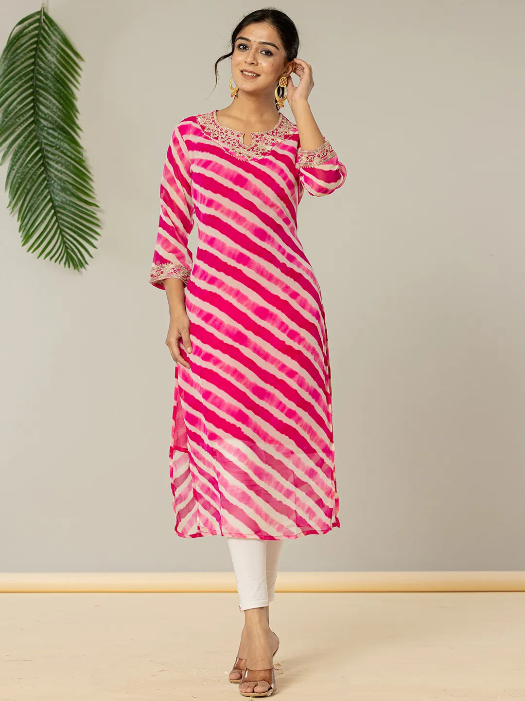 Yufta Pink Georgette Lehriya Embroidery Kurta - Distacart