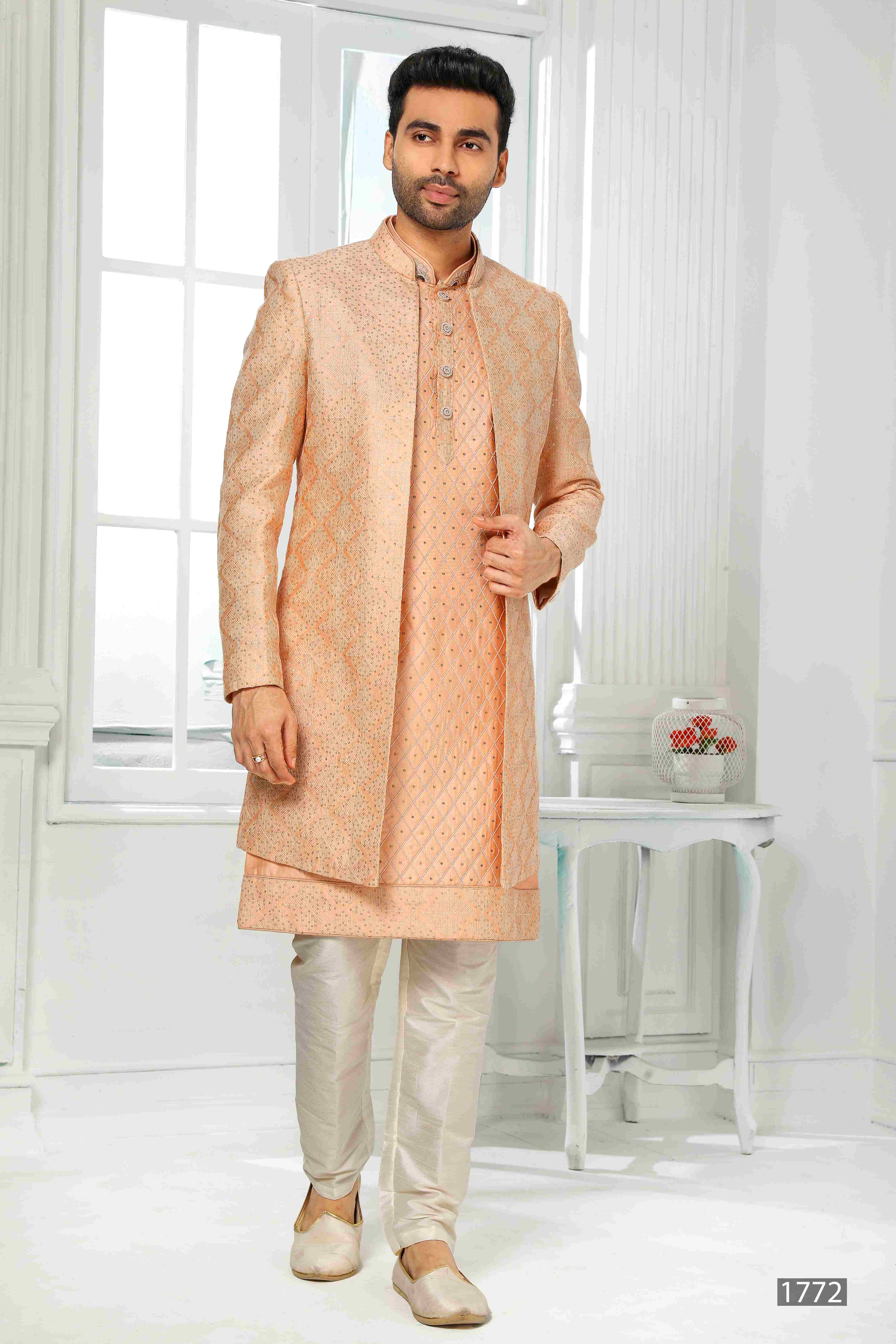 Raivat Ethnic Art Silk Embroidery Work 3 Pcs Indo Jacket Set In Peach Colour