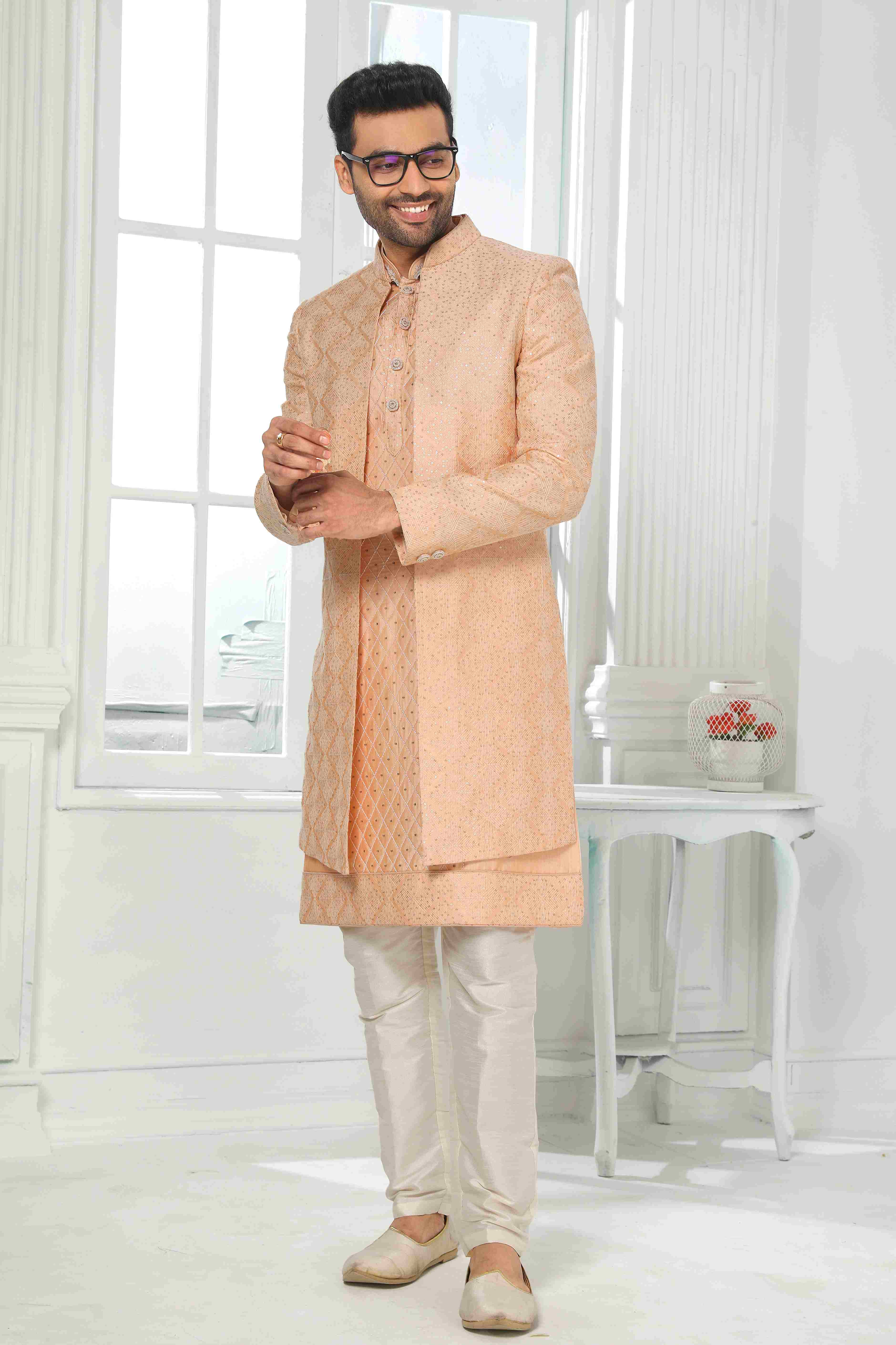 Raivat Ethnic Art Silk Embroidery Work 3 Pcs Indo Jacket Set In Peach Colour