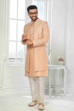 Thumbnail for Raivat Ethnic Art Silk Embroidery Work 3 Pcs Indo Jacket Set In Peach Colour