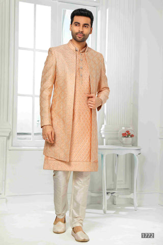 Raivat Ethnic Art Silk Embroidery Work 3 Pcs Indo Jacket Set In Peach Colour