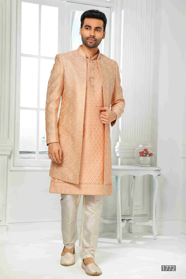 Raivat Ethnic Art Silk Embroidery Work 3 Pcs Indo Jacket Set In Peach Colour