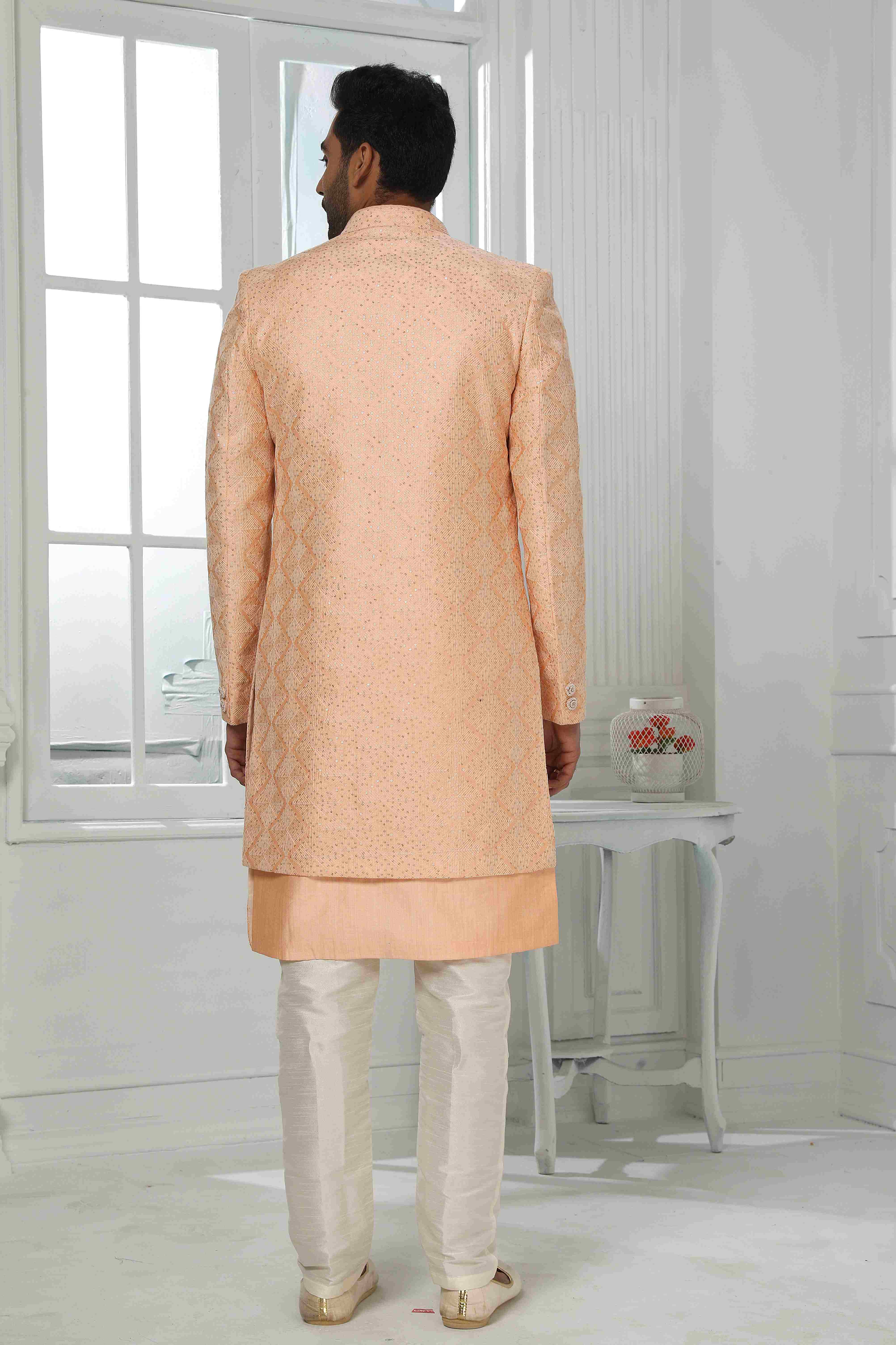 Raivat Ethnic Art Silk Embroidery Work 3 Pcs Indo Jacket Set In Peach Colour