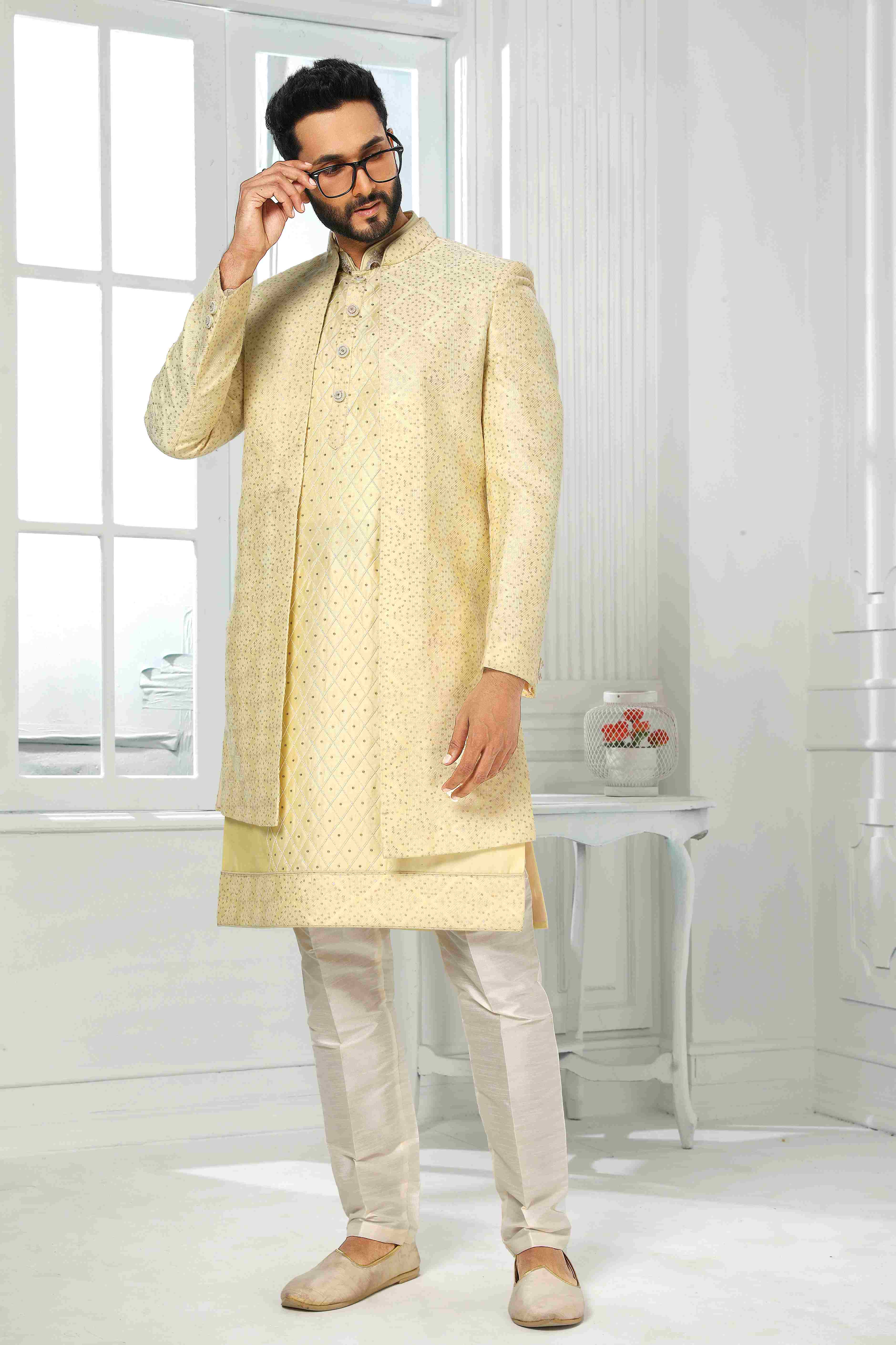 Raivat Ethnic Art Silk Embroidery Work 3 Pcs Indo Jacket Set In Yellow Colour